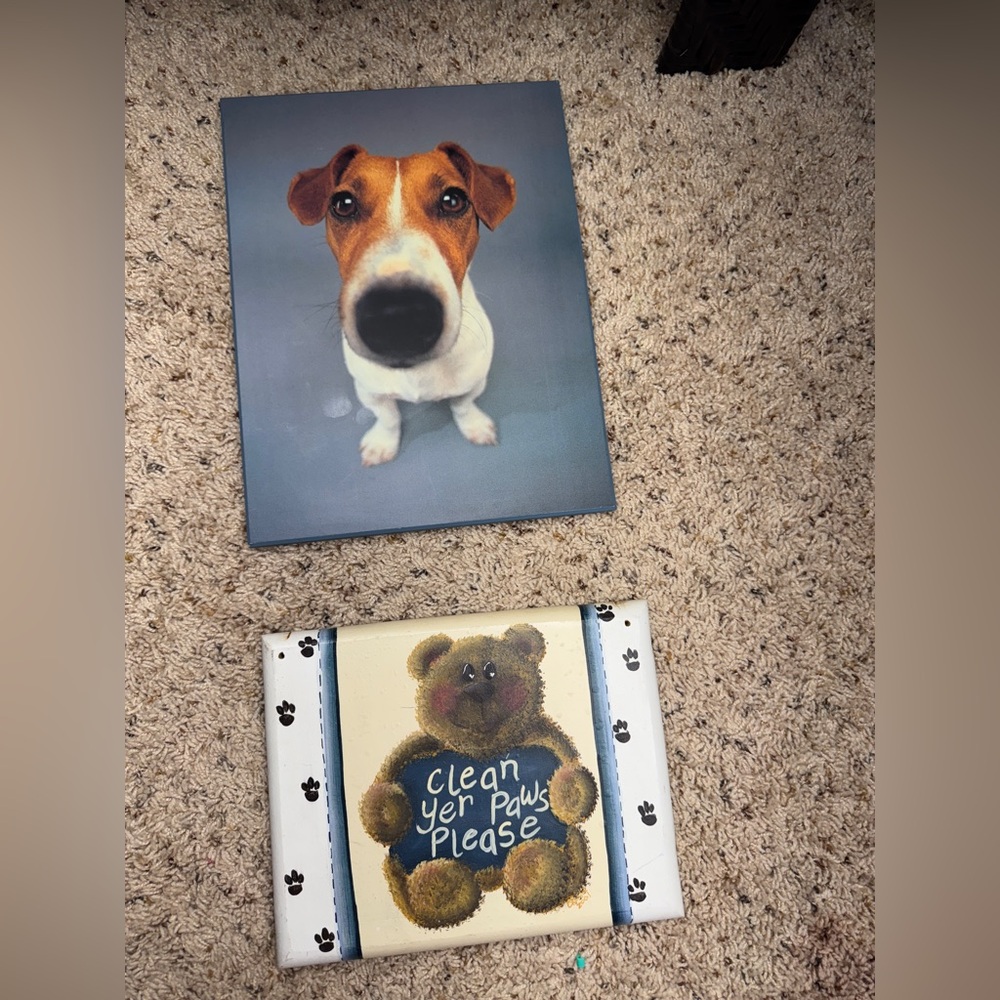 Dog Canvas Art  print on wood with Jack Russell Terrier & handpainted bear